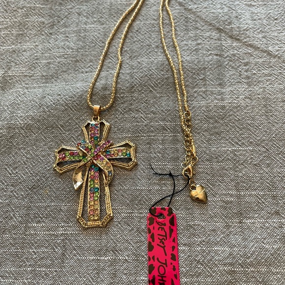 Gold Cross Pendant Necklace with Multicolor Gems - Picture 6 of 10